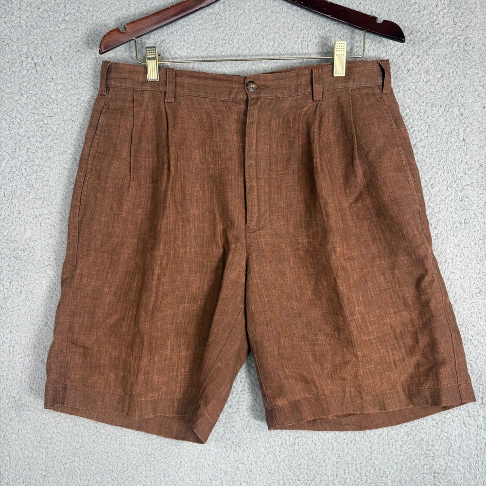 Vtg Double Pleated Shorts Mens 32 Brown 100% Linen Casual